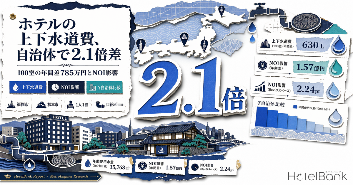ホテルの上下水道費、自治体で2.1倍差 — 100室の年間差785万円とNOI影響