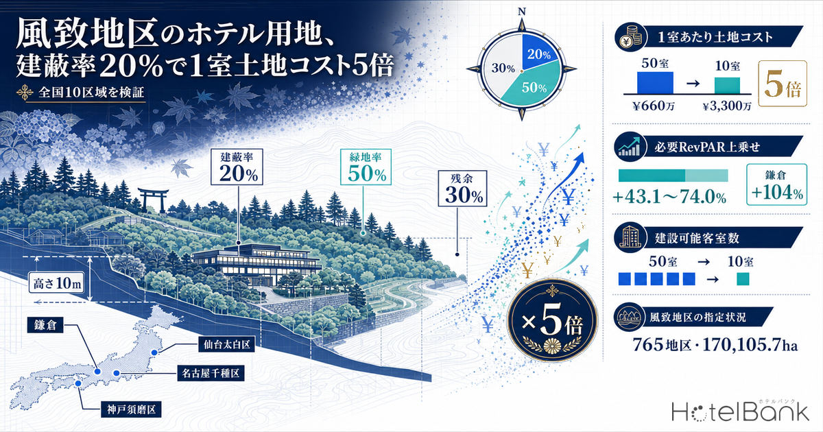 風致地区のホテル用地、建蔽率20%で1室土地コスト5倍 — 全国10区域を検証