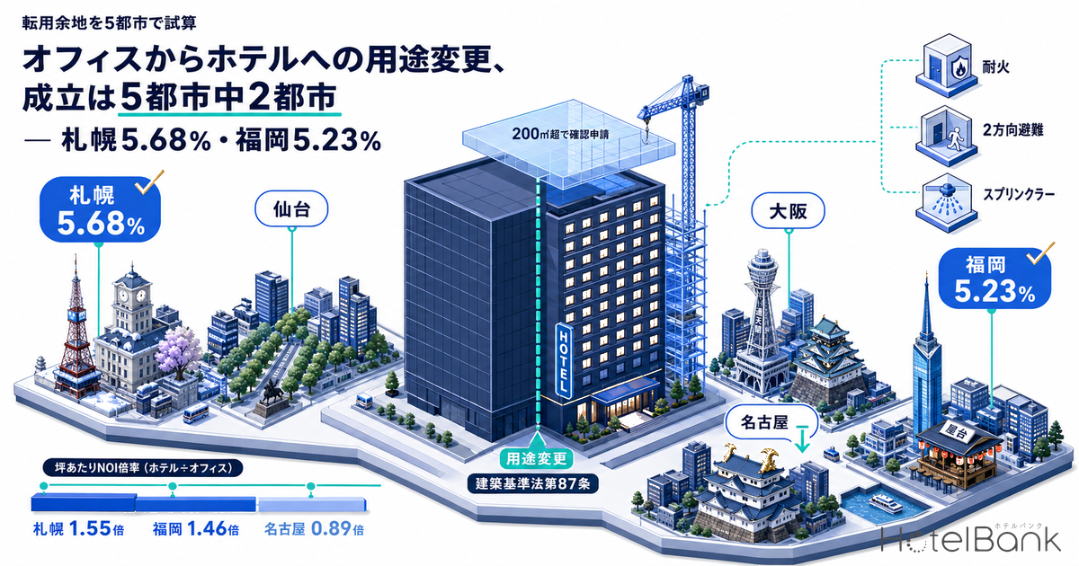 オフィスからホテルへの用途変更、成立は5都市中2都市 — 札幌5.68%・福岡5.23%