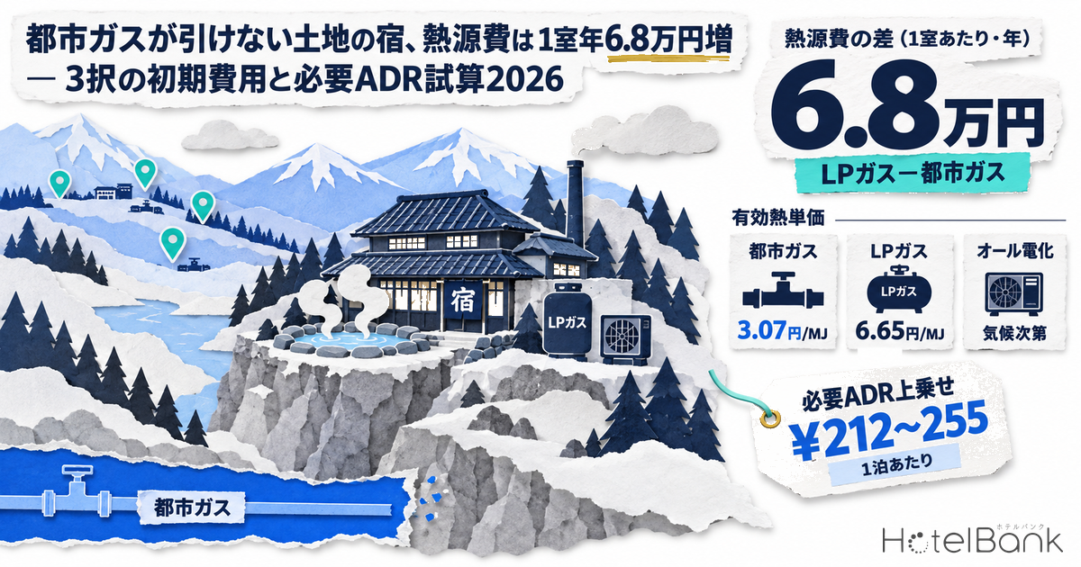 都市ガスが引けない土地の宿、熱源費は1室年6.8万円増 — 3択の初期費用と必要ADR試算2026