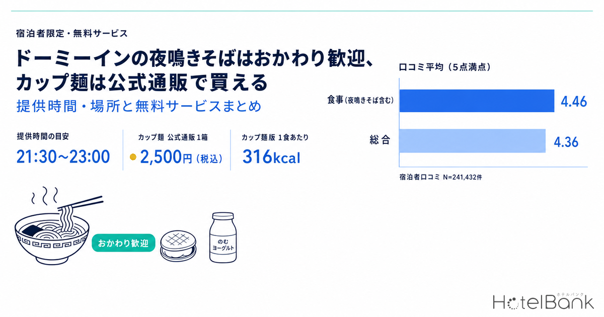 ドーミーインの夜鳴きそばはおかわり歓迎、カップ麺は公式通販で買える｜提供時間・場所と無料サービスまとめ