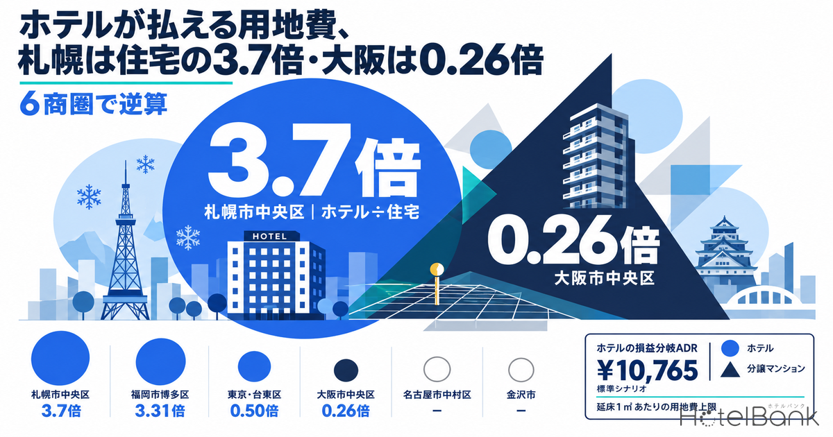 ホテルが払える用地費、札幌は住宅の3.7倍・大阪は0.26倍 — 6商圏で逆算
