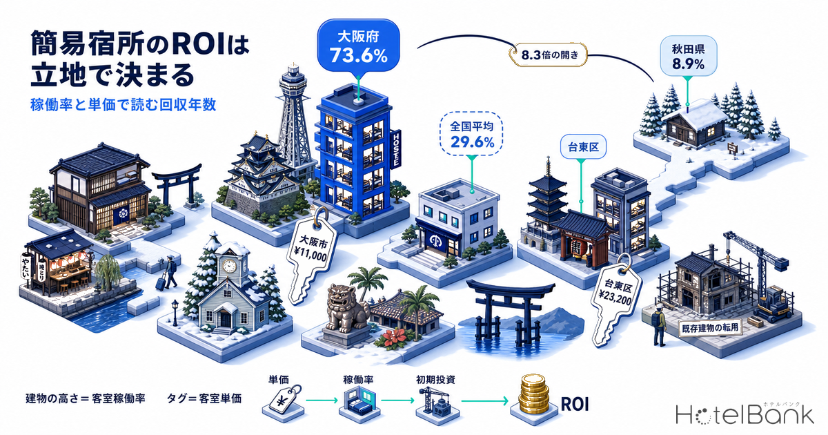 簡易宿所（簡易旅館）のROIは立地で決まる — 稼働率8.9〜73.6%、8市場の回収年数試算