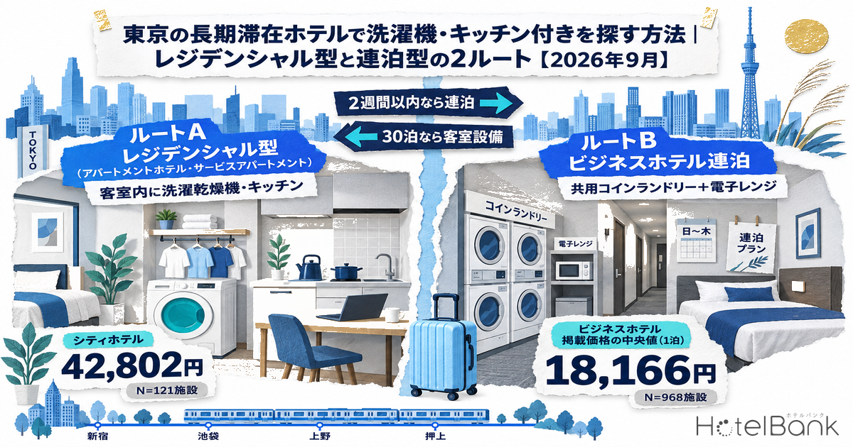 東京の長期滞在ホテルで洗濯機・キッチン付きを探す方法｜レジデンシャル型と連泊型の2ルート【2026年9月】