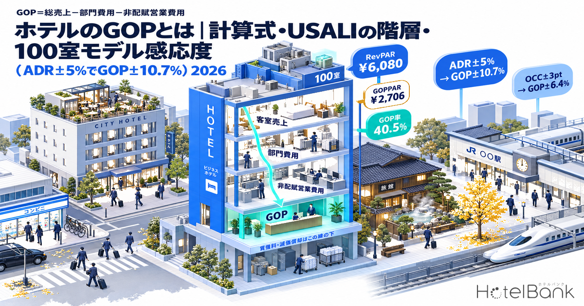 ホテルのGOPとは｜計算式・USALIの階層・100室モデル感応度（ADR±5%でGOP±10.7%）2026