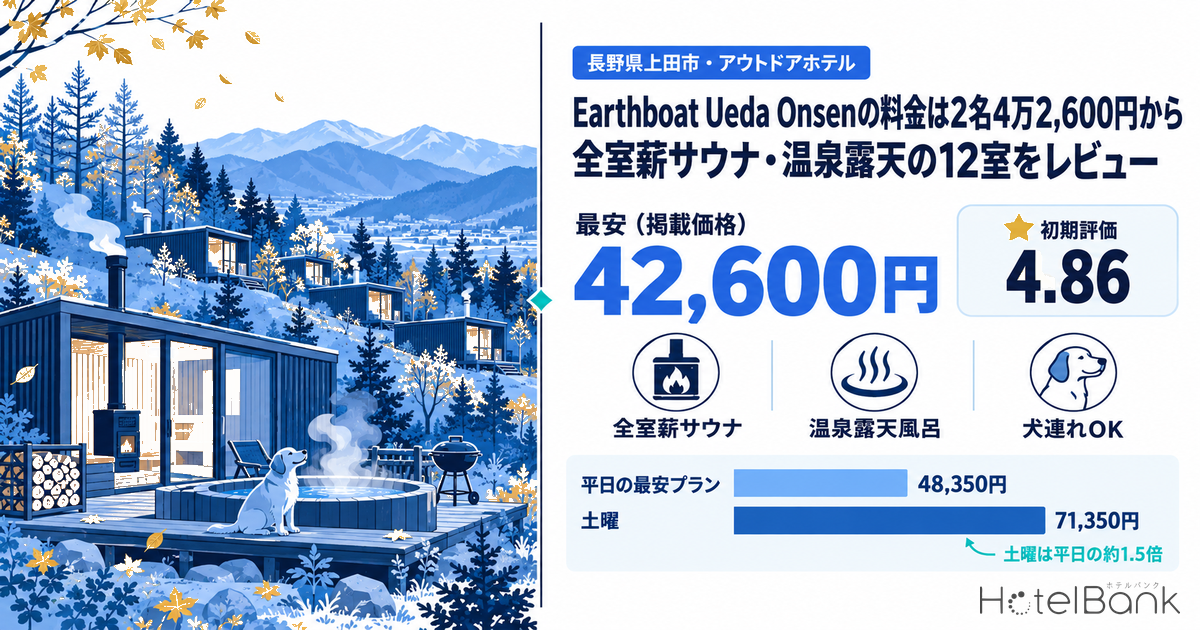 Earthboat Ueda Onsenの料金は2名4万2,600円から｜全室薪サウナ・温泉露天の12室をレビュー