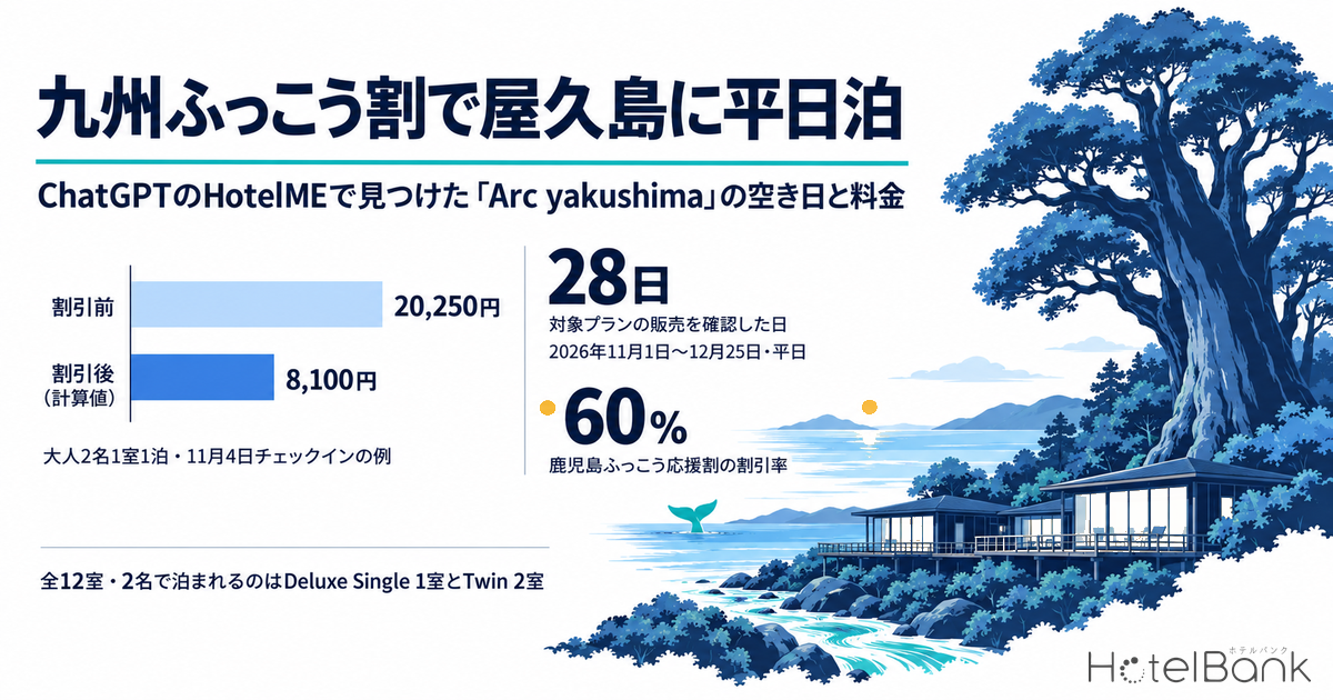 九州ふっこう割で屋久島に平日泊|ChatGPTのHotelMEで見つけた「Arc yakushima」の空き日と料金