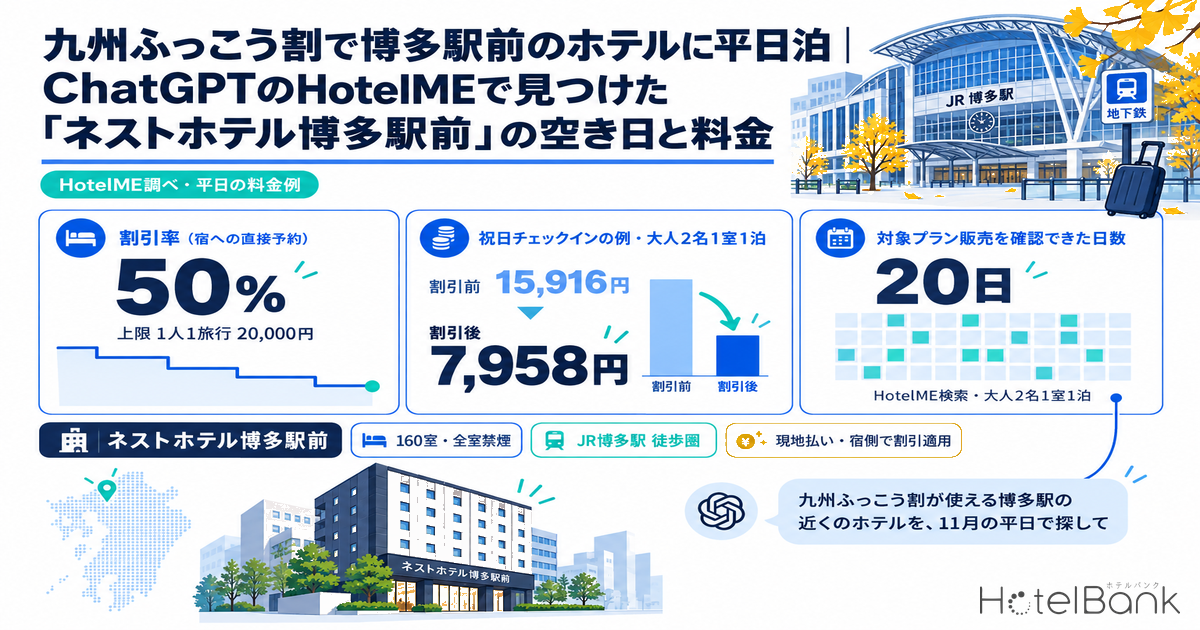 九州ふっこう割で博多駅前のホテルに平日泊｜ChatGPTのHotelMEで見つけた「ネストホテル博多駅前」の空き日と料金