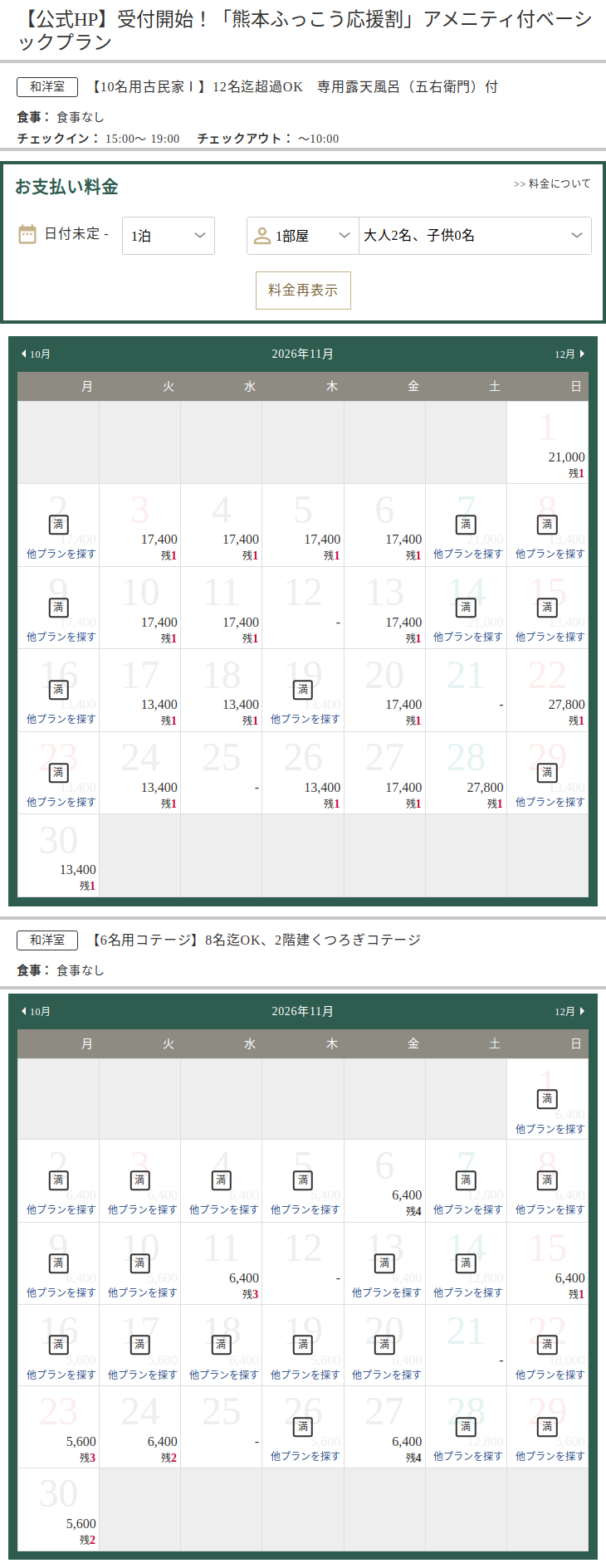 黒川 森のコテージの公式予約サイトで「熊本ふっこう応援割」アメニティ付ベーシックプランを開いた画面。10名用の古民家Ⅰと6名用コテージ（いずれも食事なし）の2026年11月の料金カレンダー（大人2名）